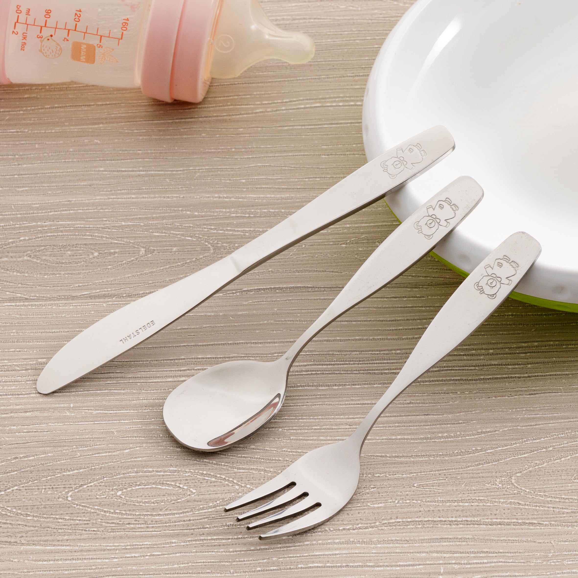 Baroni Home Set 3 Posate Per Bambini In Acciaio Inox Con Orsacchiotto: Forchetta, Coltello E Cucchiaio Ergonomici! - 2
