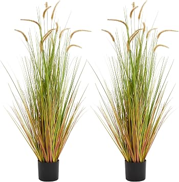KOL Artificial 5ft 2-Pack Horsetail Reed Grass, 59in Tall Artificial Indoor Outdoor Fake Grass Plant, Home Office Decor Artificial Plants in Pot Faux Plant Greenery, Wedding Decor - Yellow