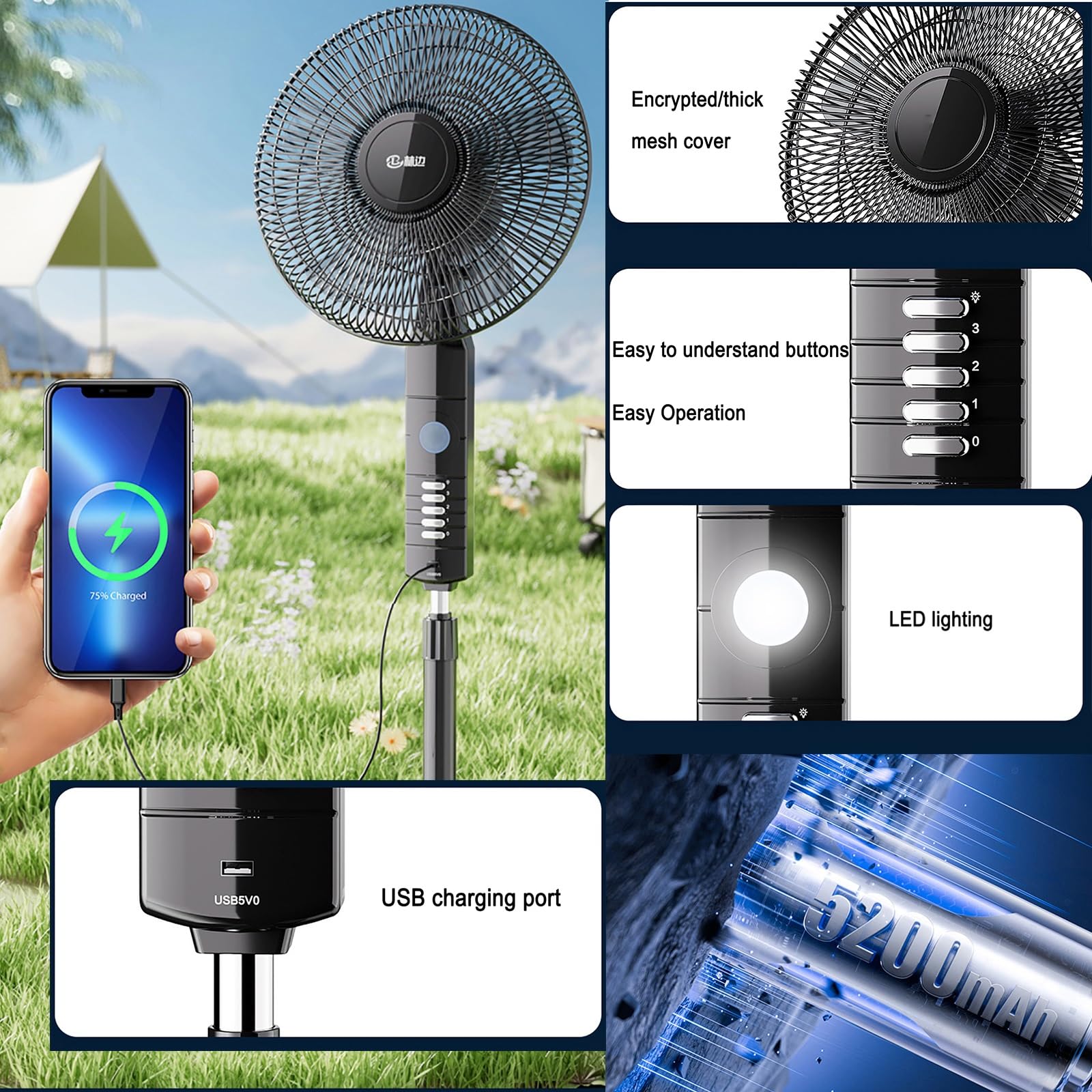 Ventilatore solare ricaricabile, ventilatori da viaggio, ventilatori da pavimento, ventilatori a piantana, ventilatori da campeggio; 3 velocità del vento