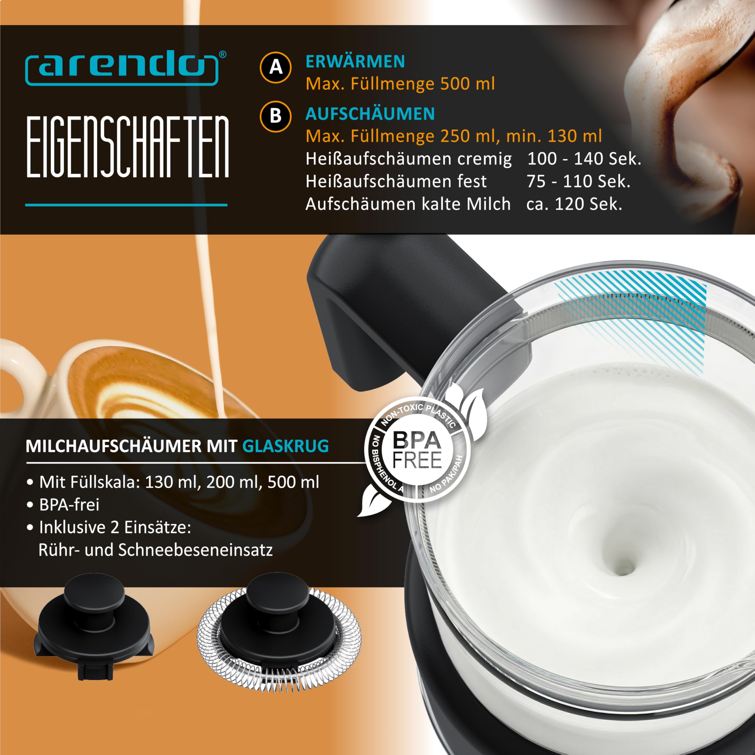 Arendo – Milchaufschäumer elektrisch – 500 ml – 6 Automatikprogramme – Milchschaum für heiß und kalt – 2 Einsätze – Milchschäumer für Cappuccino Latte Macchiato heiße Schokolade