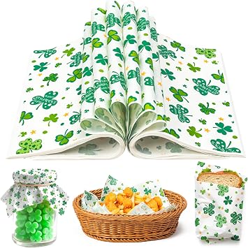 St. Patricks Day Wax Papers - 150 Sheets Shamrock Stars Pattern Deli Paper, 9.8 x 8.3in Greaseproof Waterproof Disposable Food Wrap for Picnic Basket Liner Kitchen Baking Party Supplies