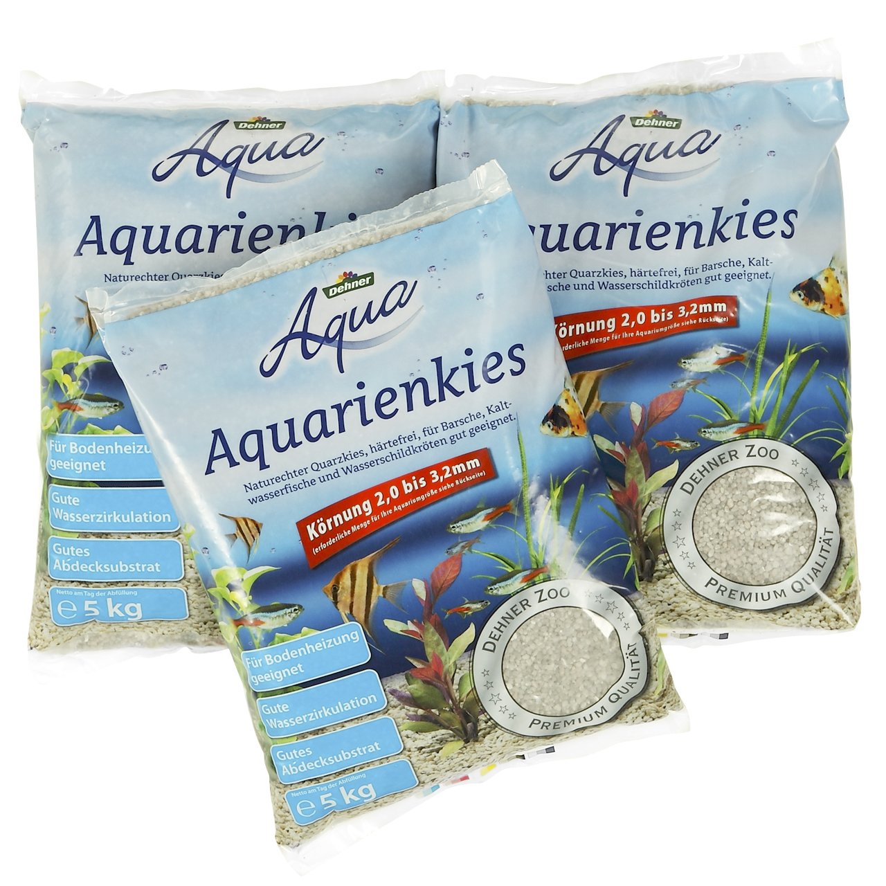 Dehner Aqua Aquarienkies, Körnung 2 - 3.2 mm, 3 x 5 kg (15 kg), weiß