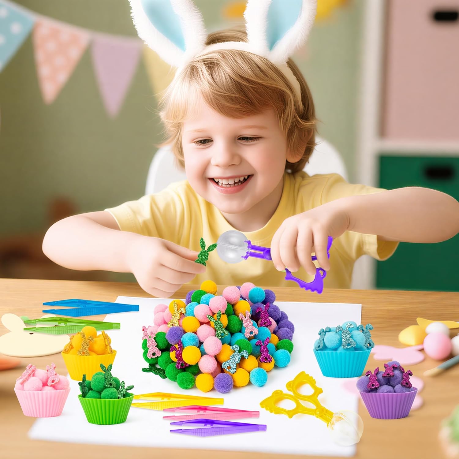 EZdhuawuse Summer Sensory Bin Fillers - 268P Summer Bunny Fine Motor Toys Rabbit Counting Sorting for Kids, Counting Toy with Shiny Bunny Pom Poms Cup Clip for Preschool Education Activities