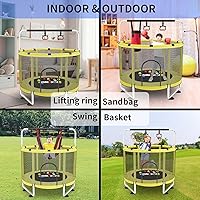 Vista 8 de Trampolín para niños, cama elástica ajustable para bebés con aro de baloncesto, 440 libras para interiores y exteriores con recinto (amarillo)