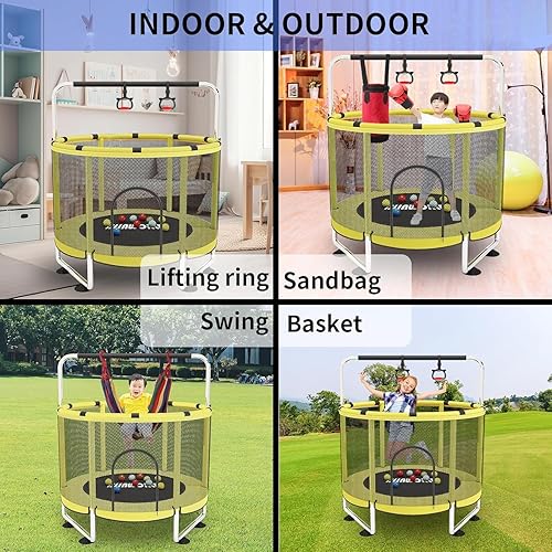 Miniatura 8 de Trampolín para niños, cama elástica ajustable para bebés con aro de baloncesto, 440 libras para interiores y exteriores con recinto (amarillo)