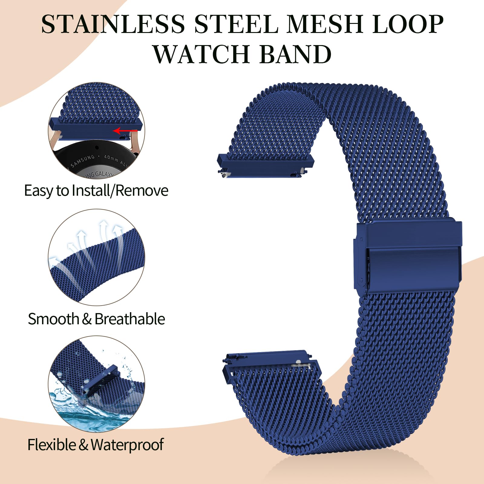 PROSRAT 2 Pack Metal Band for Galaxy Watch 4 Band/Watch 5 Band/Watch 6 Classic Band/Active 2 40mm 44mm/Watch 3 41mm, 20mm Stainless Steel Metal Mesh Straps for Women Men (Blue)