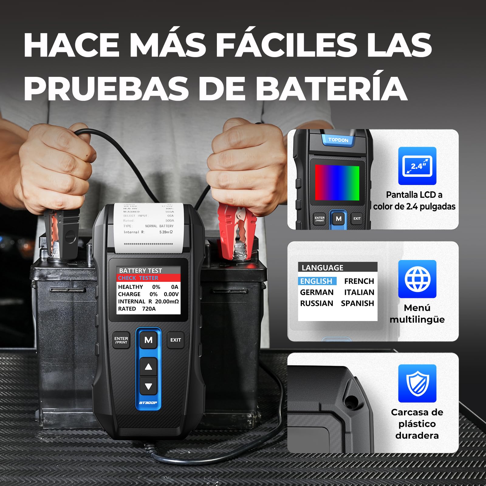 Probador de batería de 12 V/24 V con impresora incorporada Topdon BT300P, 100-2000 CCA - Probador de carga automático para prueba de batería/arranque/carga