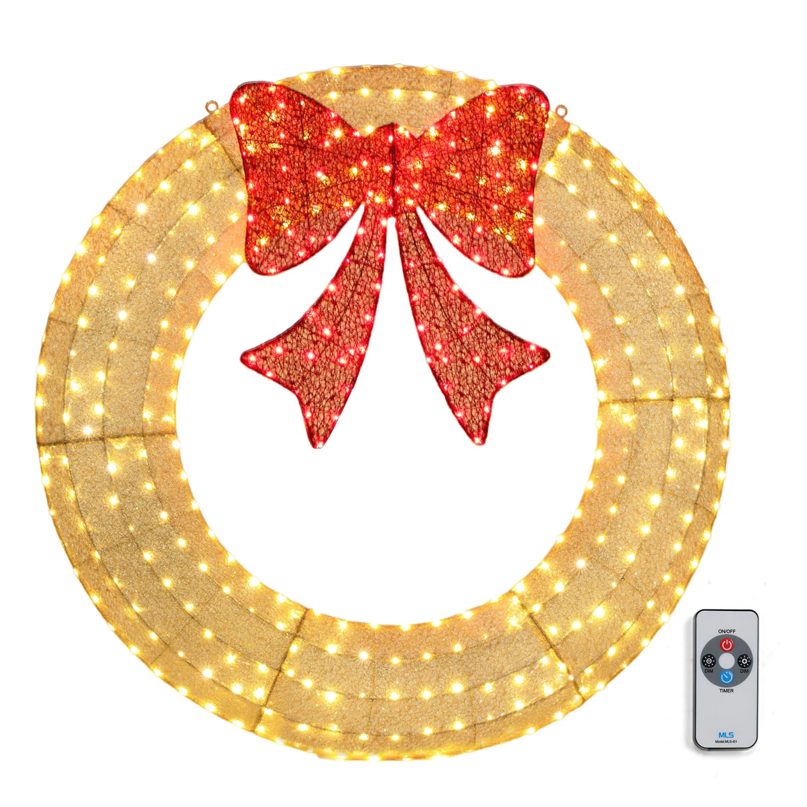 Outopee 48in Pre-lit Christmas Wreath Decoration with Red Bow, Gold