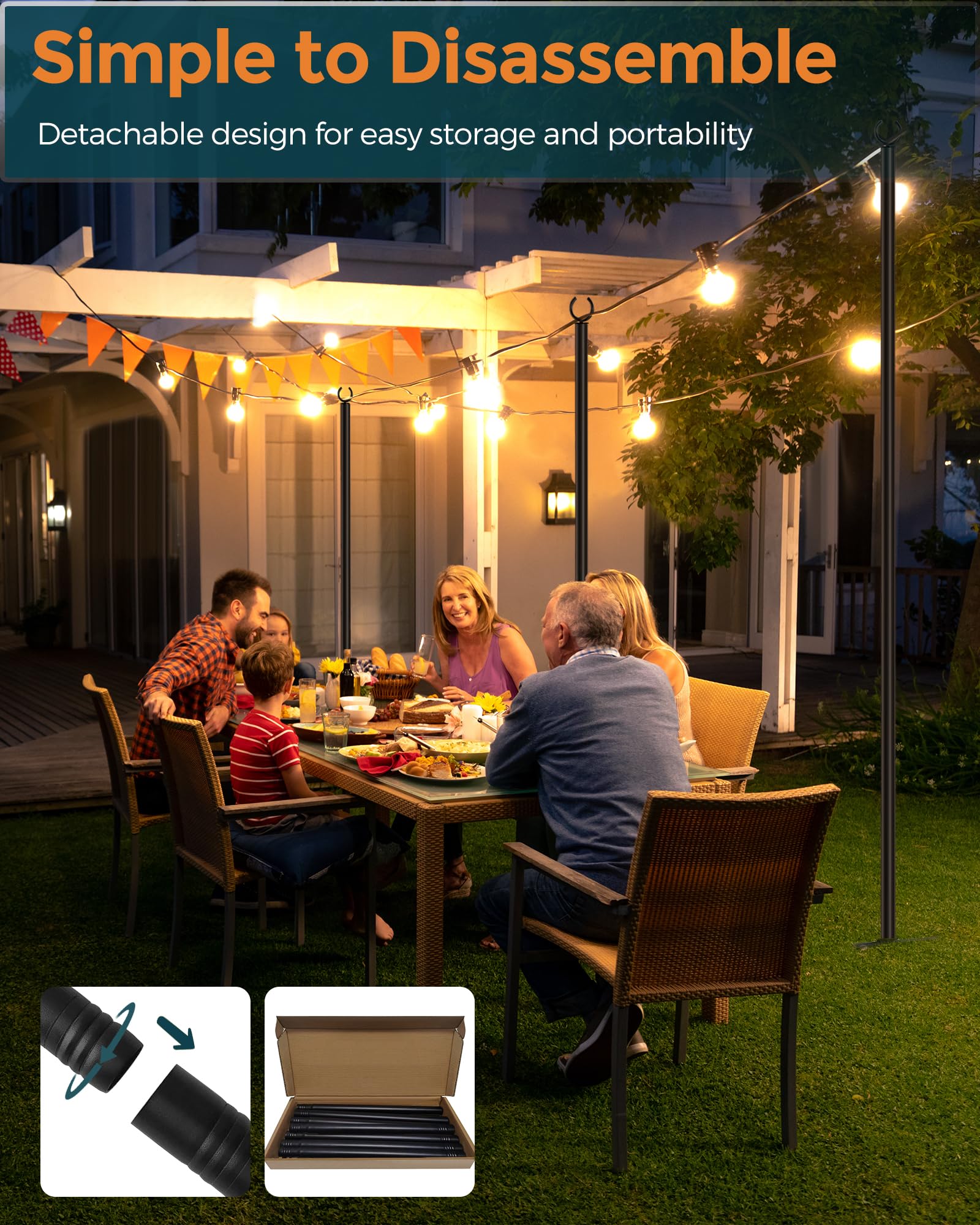 Land·VOI Pali in metallo per luci da appendere all'esterno, cortile, giardino, patio, supporto per illuminazione con altezza regolabile per feste all'aperto, matrimoni, artigli extra lunghi a 5 rebbi