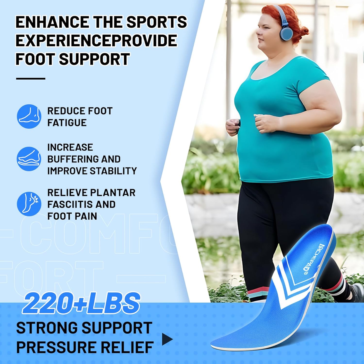 220lbs+ Metatarsalgia Insole Plantar Fasciitis Pain Relief Men Arch Support Orthotic Insert Men Women, Comfort Flat Feet Work Boot Shoes Insole Standing All Day Size 7, 260MM - Image 3
