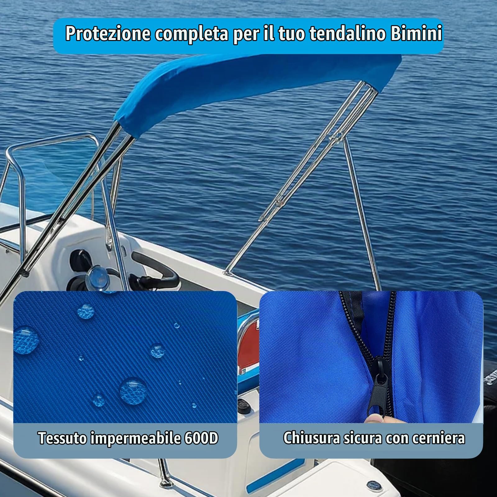 Tendalino per barca Copertura per bagagliaio per 3 supporti per prua Top - Accessori per l'organizzazione del baldacchino impermeabile 600D per neve Pioggia a prova di polvere (3BOW 73-78W)