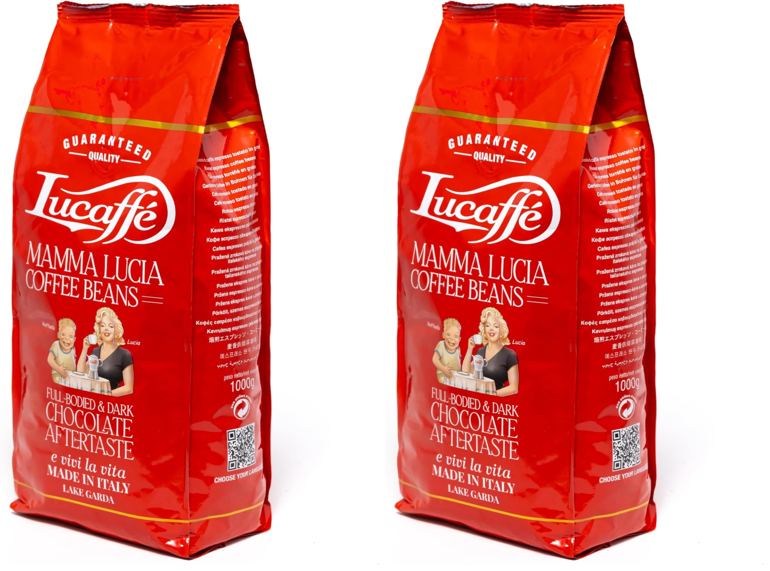 Lucaffé - Cafe en grano natural Mamma Lucia, 1 Kg | Café en grano de especialidad italiana para espresso | Tueste Ligero | Sabor Intenso y Cremoso (Paquete de 2)