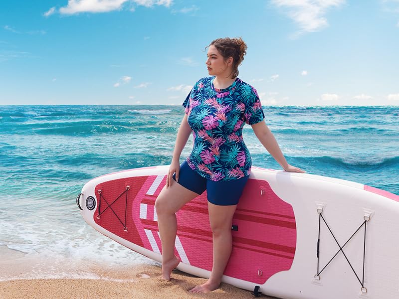 COOTRY Womens Plus Size Rash Guard Short Sleeve Swim Shirt UPF 50+ Sun Protection Swimsuit Top - Image 2