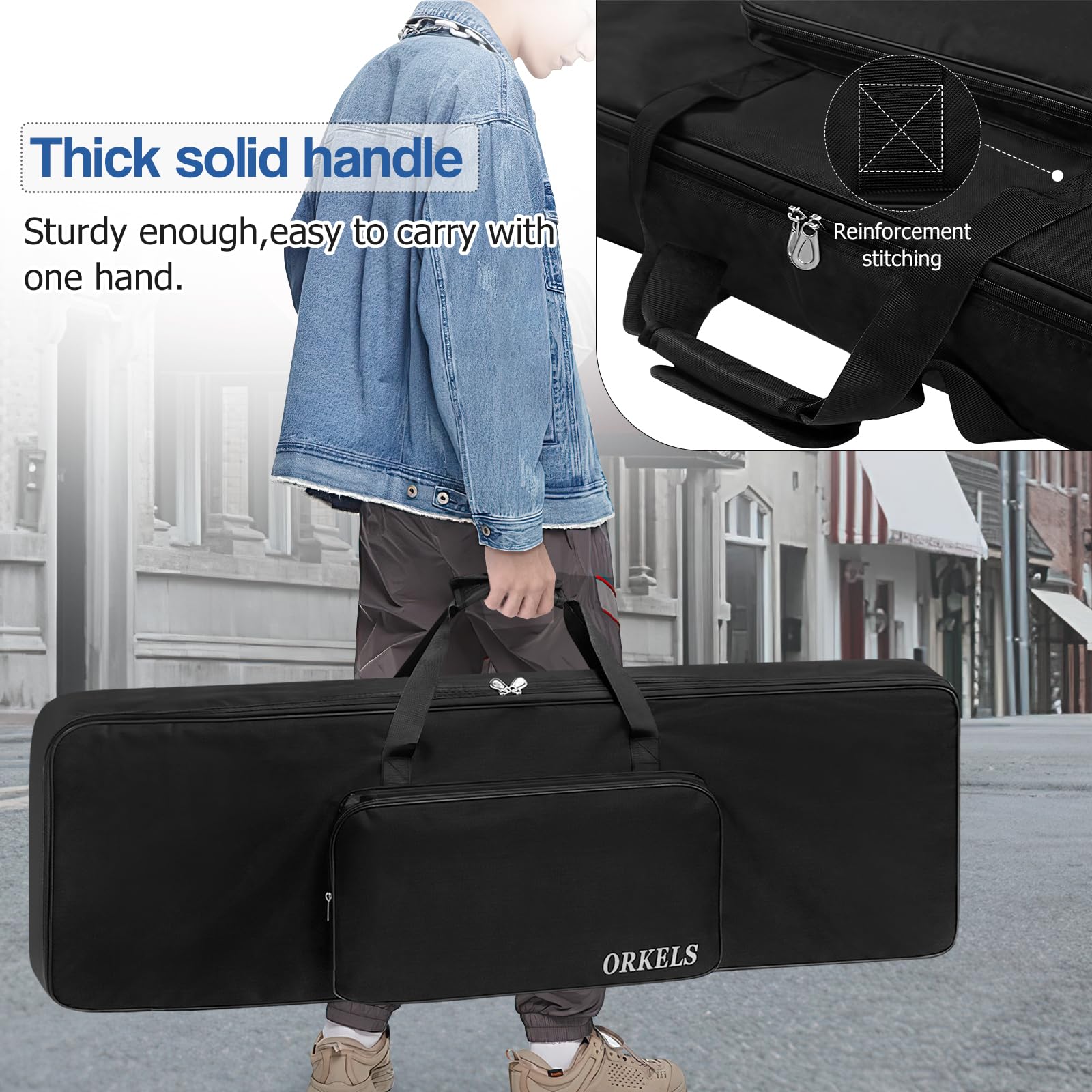 ORKELS Keyboard-Tasche mit 76 Tasten, 10 mm gepolstert, für E-Biano Keyboard, Gigbag Rucksack, mit großer Zubehörtasche (für 76 Tasten Keyboard)