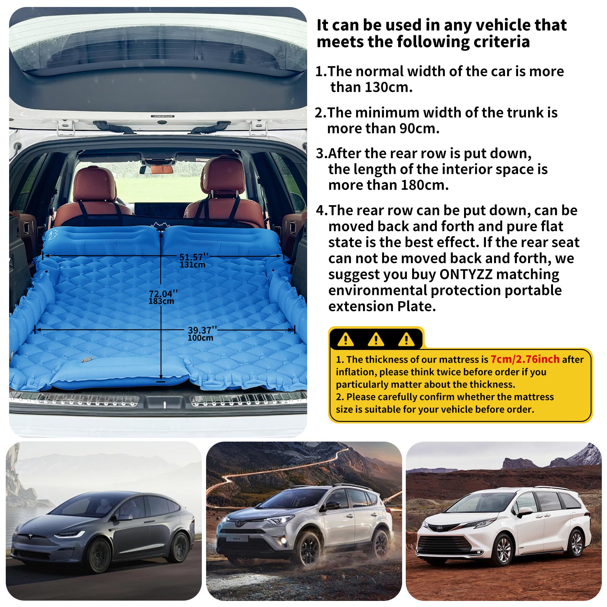 ONTYZZ Materac samochodowy SUV dmuchany materac dla 2 osób, łóżko dmuchane do podróży, na kemping, karimata, samopompująca mata do spania z pompką nożną i poduszką, nadmuchiwane łóżko kempingowe, 183