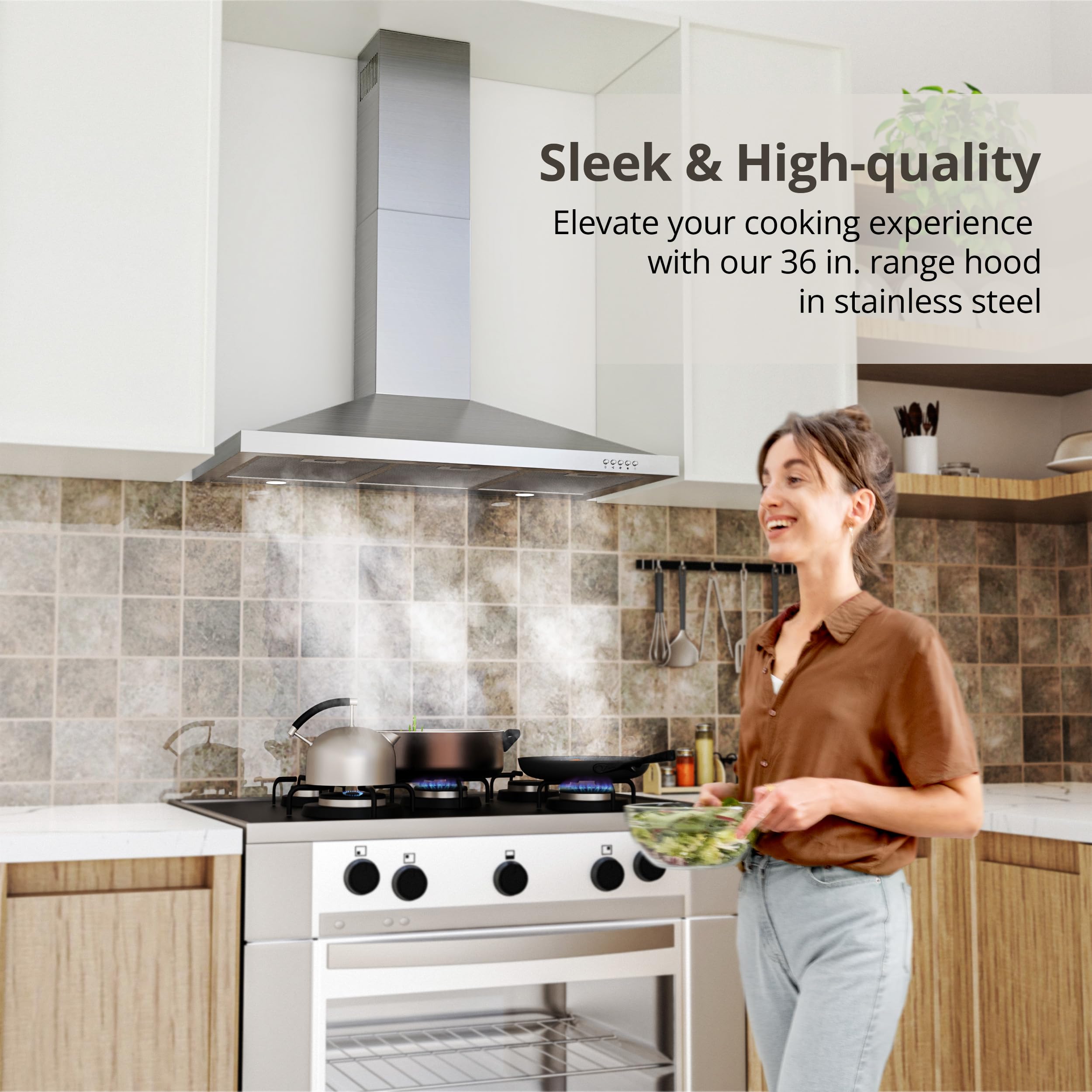 Campana extractora de 36 pulgadas con convertible con conductos/sin conductos, 450 CFM de acero inoxidable para montaje en pared, campana de cocina estilo chimenea, campana de ventilación 2