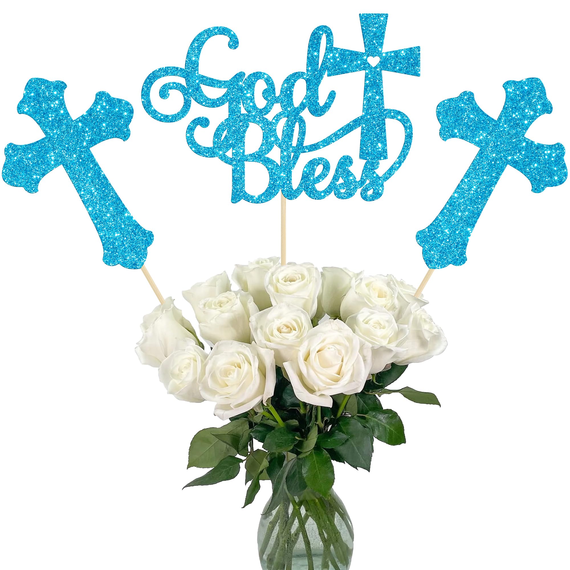 Gyufise 12Pcs God Bless and Cross Centerpiece Sticks Double Sided Cross God Bless Table Flower Centerpieces Sticks First Communion Baptism Decorations