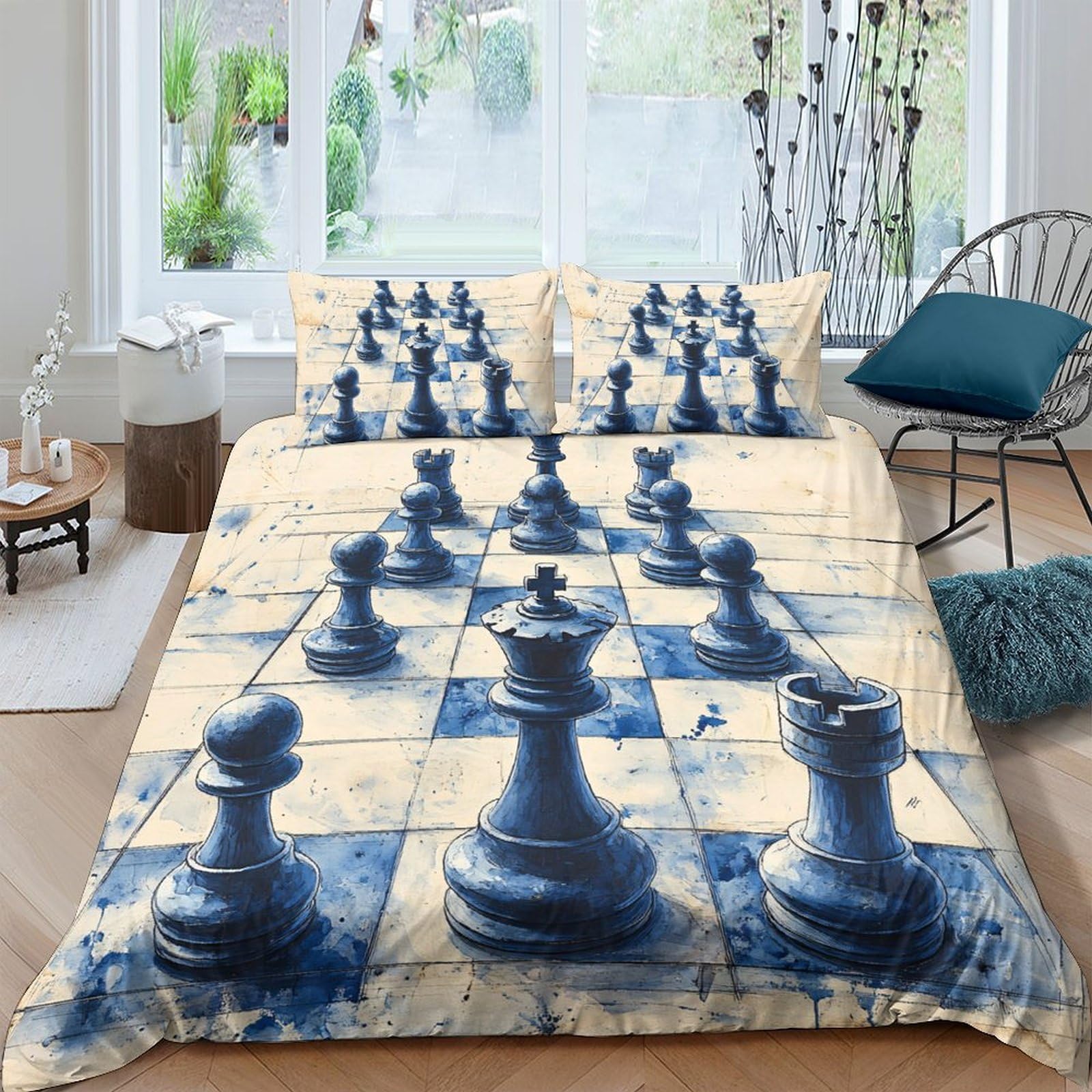 GPLZQXKJNH 3D Printed Chess Board Duvet Cover Microfiber Soft Breathable Blue Chess Pieces Bedding Set with 2 Pillowcases for Bedroom Decor, Single（135x200cm）