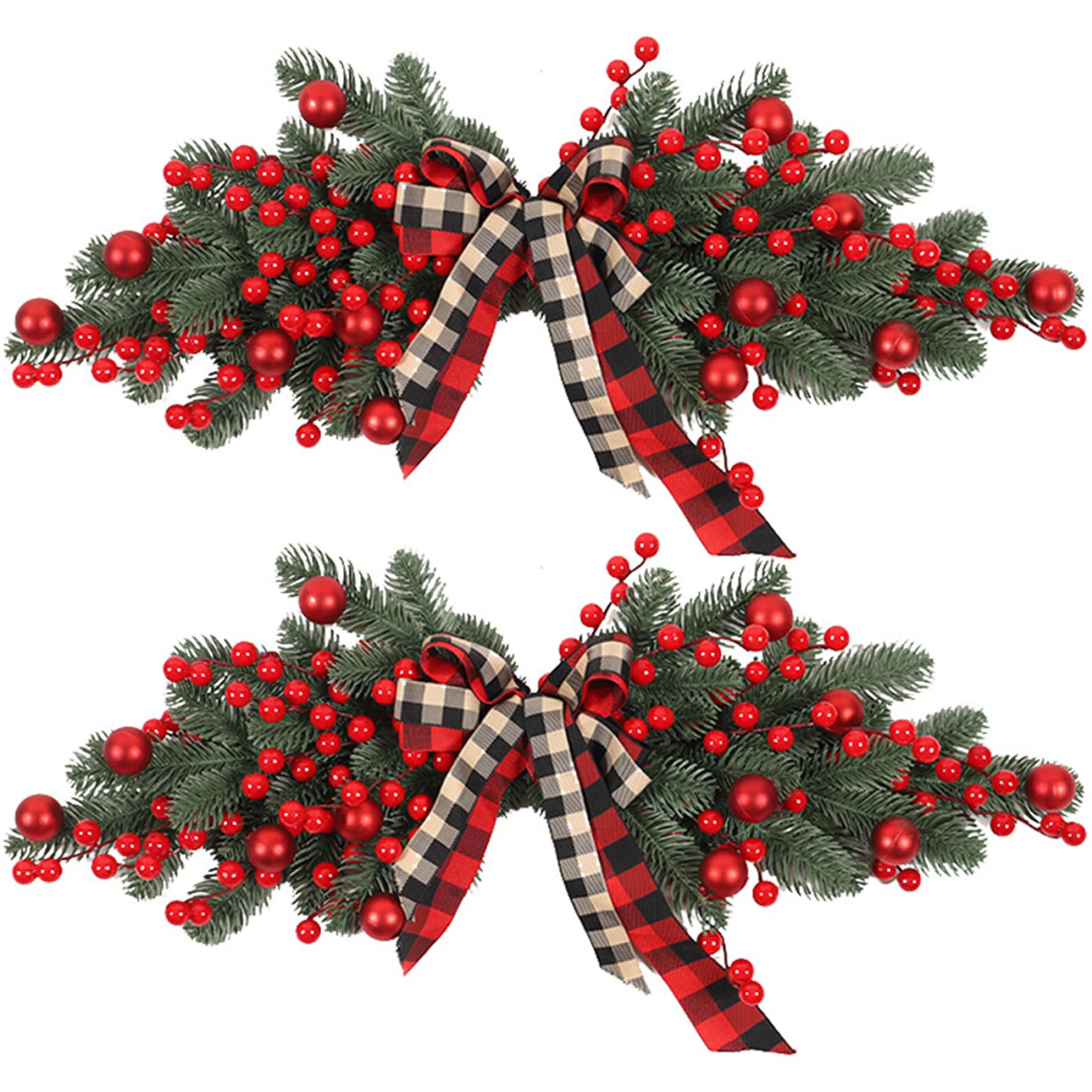 Guirlande de Noël artificielle (lot de 2) avec baies rouges et nœud ruban