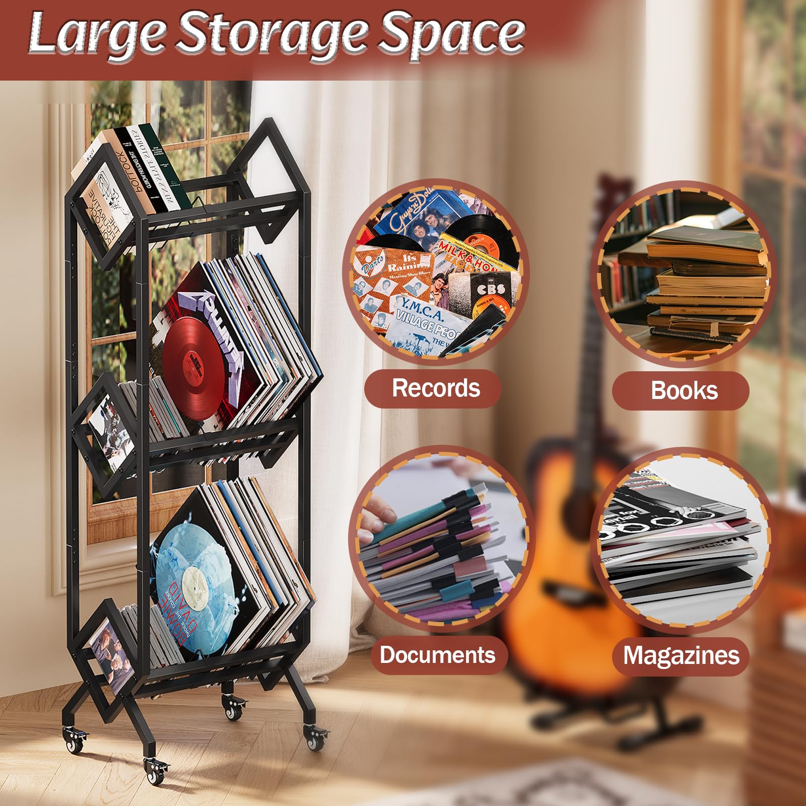 3-Tier Vinyl Record Stand, Large Record Holder Stand Up To 150 Albus, Black Turntable Stand