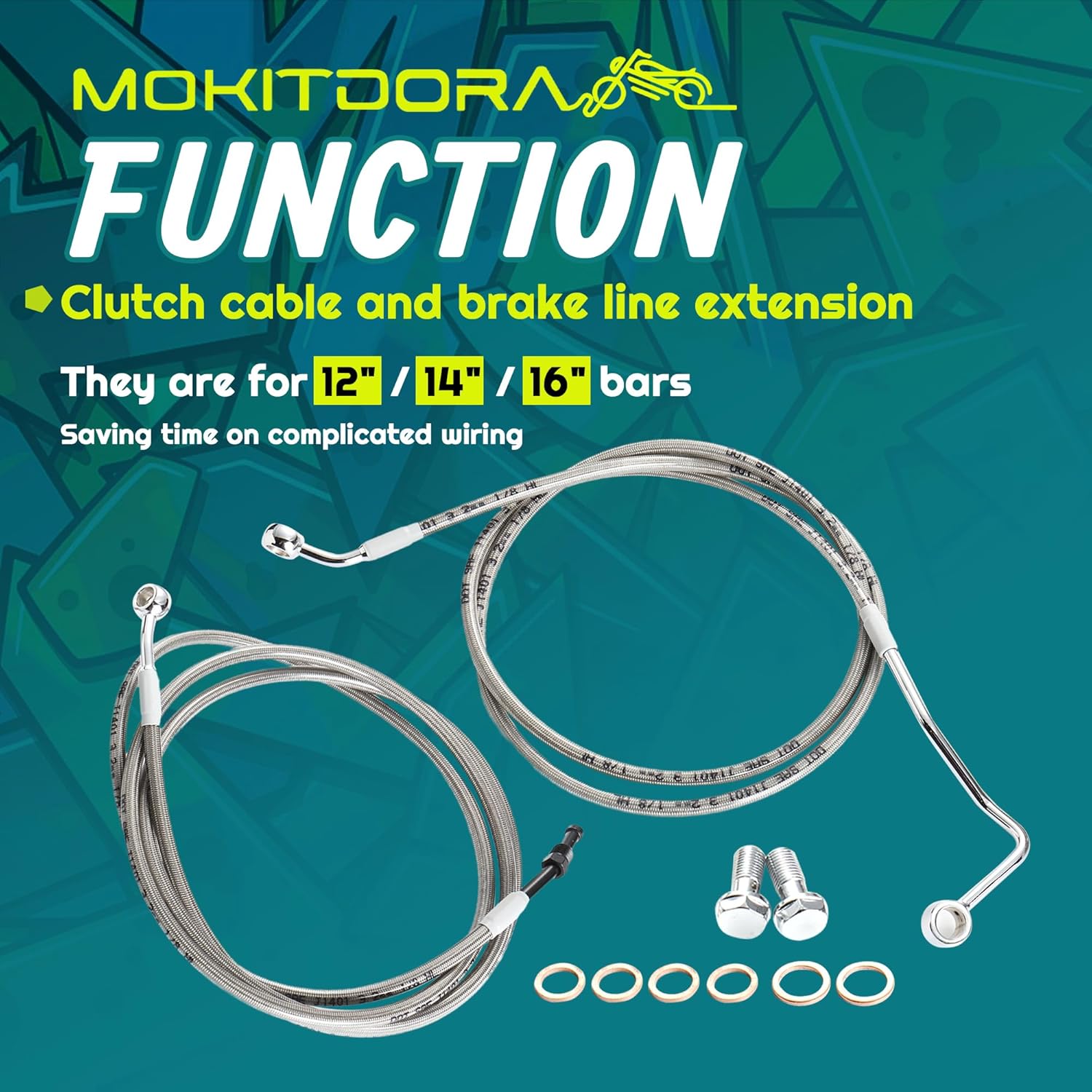 MoKitDora Hydraulic Clutch Cable Upper Brake Lines Stainless Steel Braided Cable Extension Kit for Harley Touring 2014-2016 Street Electra Glide FLHX FLHT FLHR 12" Handlebar w/ABS, Chrome