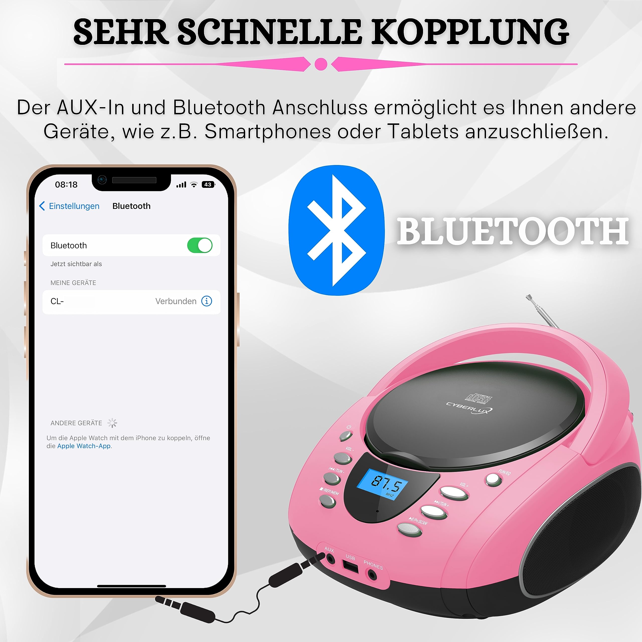 Tragbare Boombox | CD/CD-R | USB | FM Radio | AUX-In | Kopfhöreranschluss | CD-Player | Kinder Radio | Boombox | CD-Radio | Stereoanlage | Kompaktanlage (Pretty Pink)