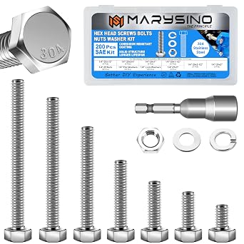 200Pcs SAE Stainless Steel Nuts and Bolts Assortment Kit, Including 7 Sizes 1/4-20 Bolts, Assorted Bolts Nuts and Washers Kit with Drill Bit