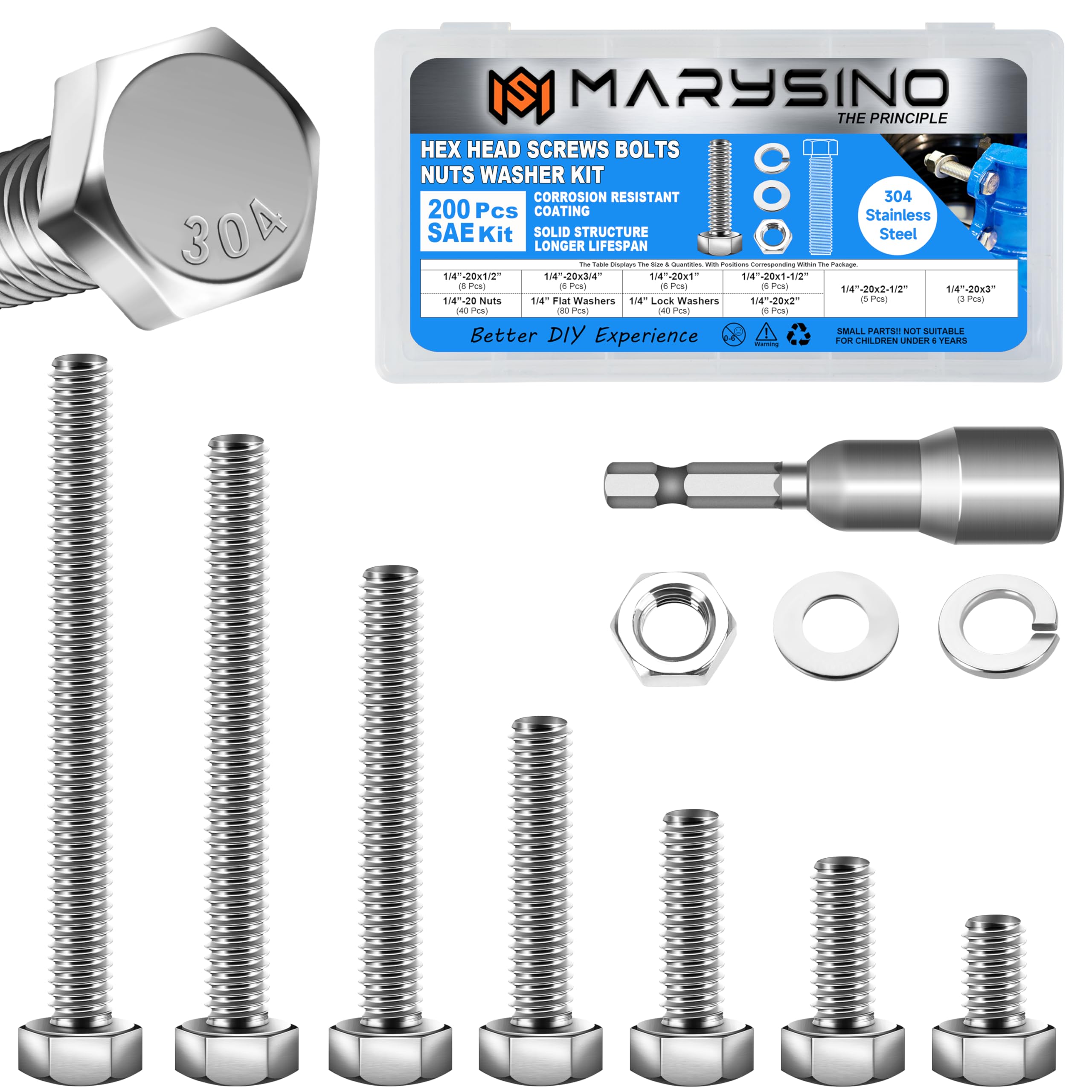 Marysino 200Pcs SAE Stainless Steel Nuts and Bolts Assortment Kit, Including 7 Sizes 1/4-20 Bolts, Assorted Bolts Nuts and Washers Kit with Drill Bit