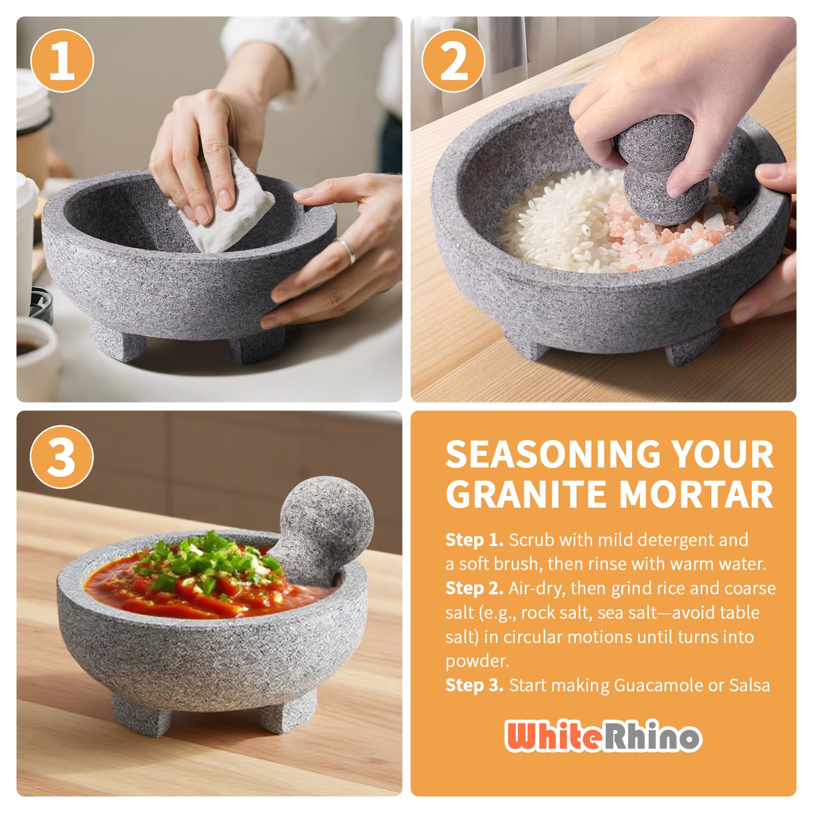 WhiteRhino Juego de mortero y pilón, 4 tazas de granito natural sin pulir Molcajete Mexicano, cuenco de guacamole extra grande de 8 pulgadas, molinillo de piedra de pilón Motar para guacamole, salsa,