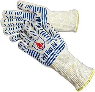 GRILL HEAT AID BBQ Grill Gloves 1472°F - Extreme Heat Resistant Oven Mitts for Grilling, Smoker & Fire Pit with Silicone Grip & EN407 Cut Resistance - Mid Cuff (Small Palm), White & Blue