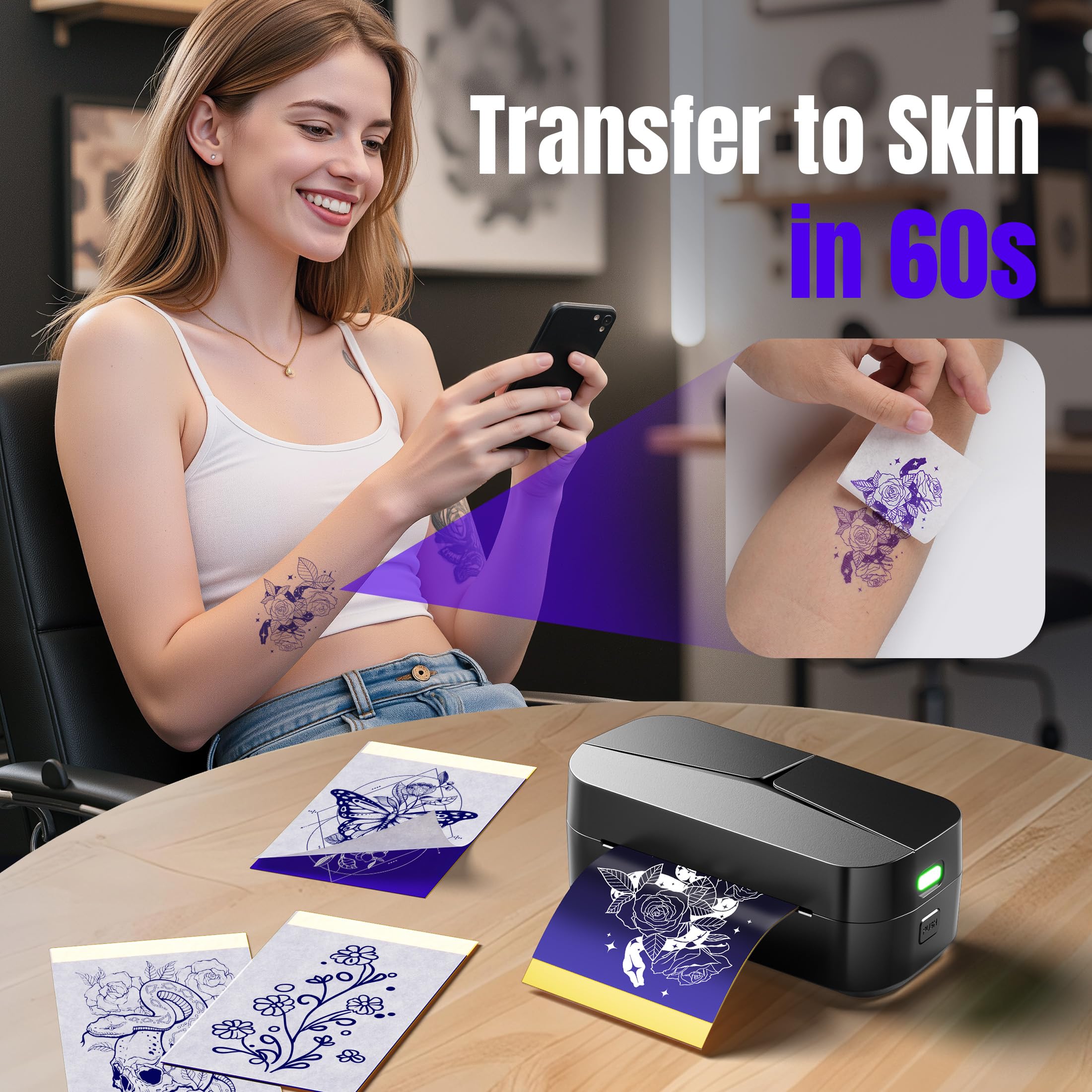 TATTMUSE Mini papel de transferencia de tatuajes de 8 x 13 cm solo para impresora de tatuajes TP31/TP32, 100 hojas, adecuado para artistas del tatuaje en tatuajes simples y tatuajes minimalistas, kit