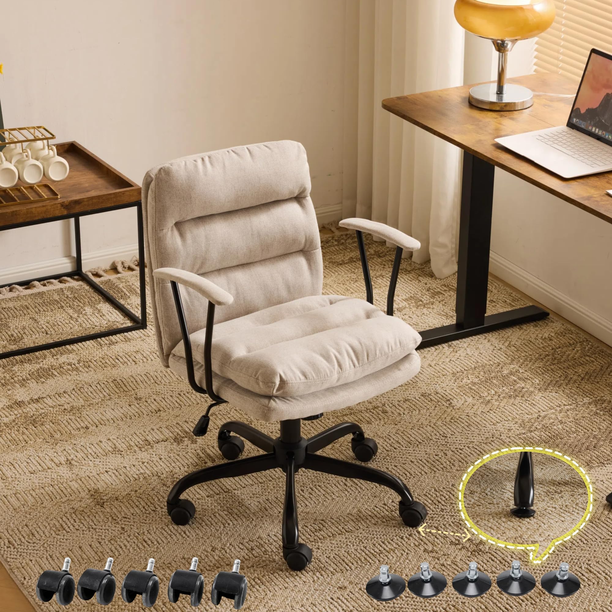 VINGLI Comfortable Office Desk Chairs with/No Wheels,Dual-Base,Removable Armrests,Adjustable Comfy Swivel Computer Task Nail Tech Chair for Office,