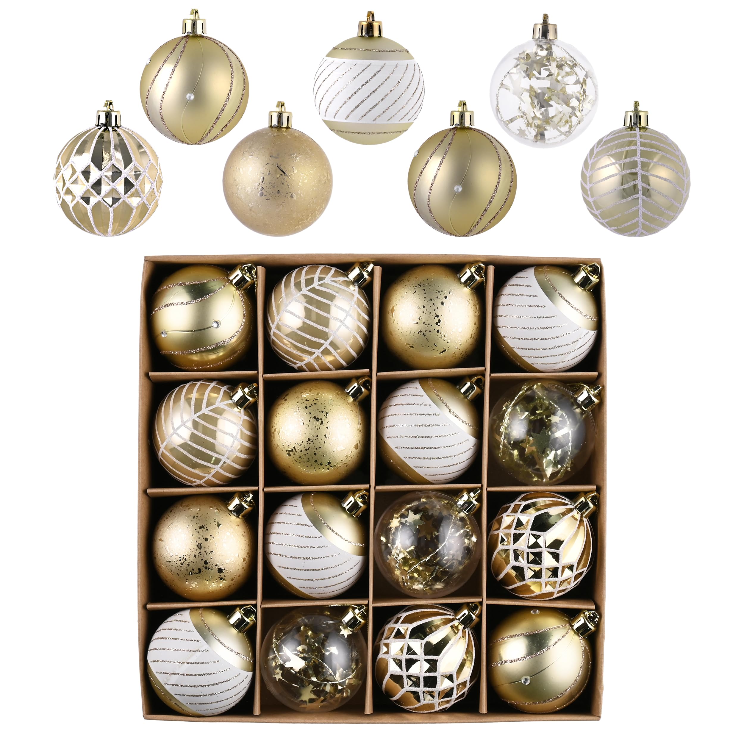 Valery Madelyn Christmas Baubles Set 16pcs 60mm, White and Gold Shatterproof Christmas Ball Ornaments for Xmas Tree Decorations