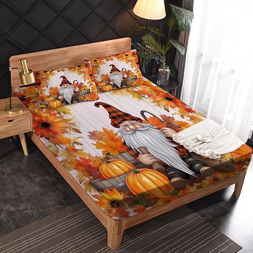 Miniatura 2 de Sábanas de gnomo de Acción de Gracias, tamaño Queen, sábanas rústicas de otoño de calabaza, girasol, granja, bolsillo suave y profundo, sábanas y