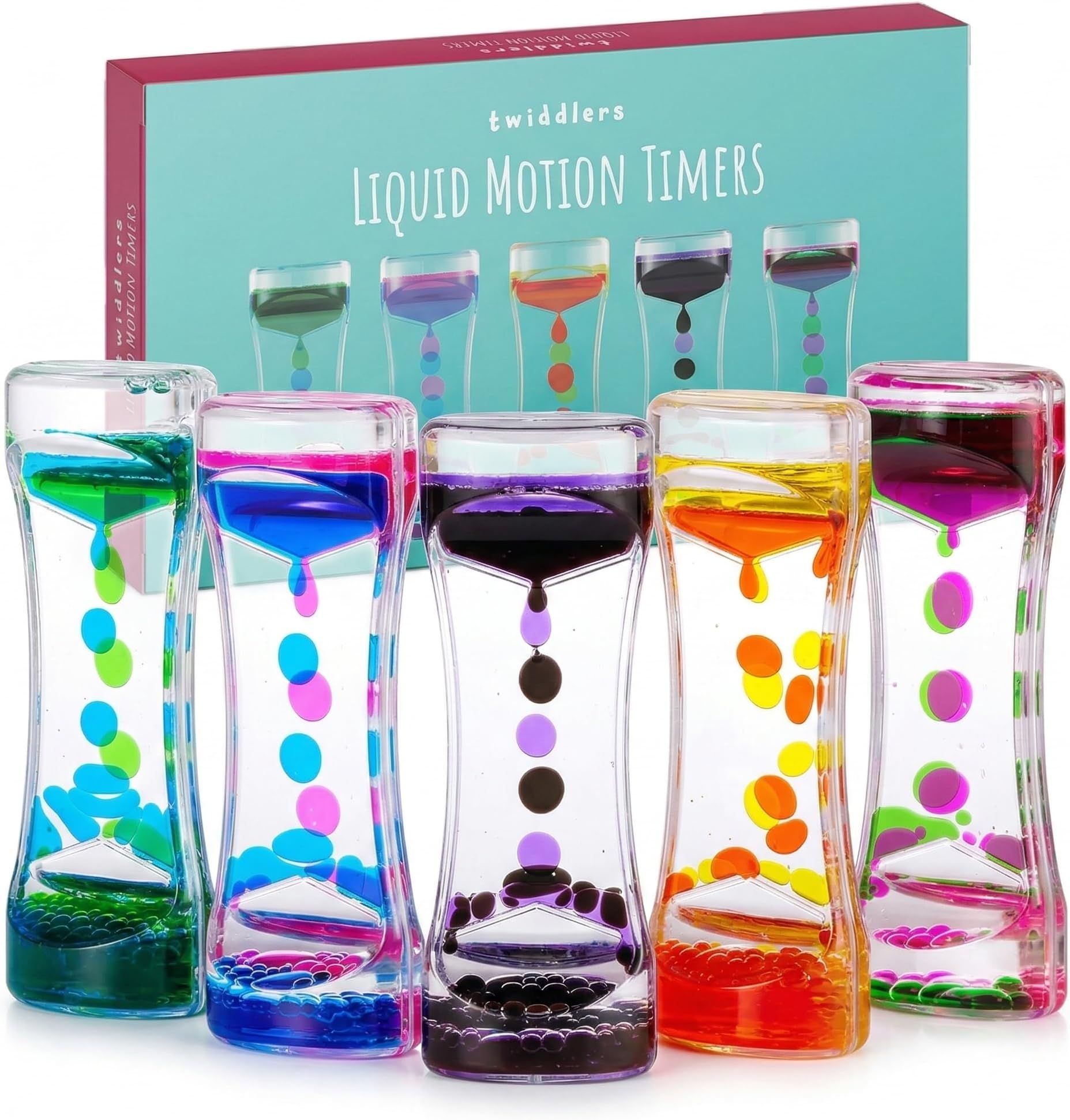 THE TWIDDLERS 5 Liquid Motion Timers Sensory Timer Hourglasses - 14cm, 5 Colours - Kids Water Bubble Lava Lamp Calming Sensory Toys for Autism, Stress Relief, Relaxation, ADHD