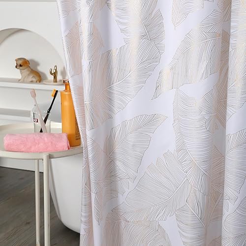 Miniatura 6 de Taisier Home Juego de cortinas de ducha con hojas doradas metálicas impresas en tela blanca con ojales, 72 pulgadas de largo para baño, 12 ganchos
