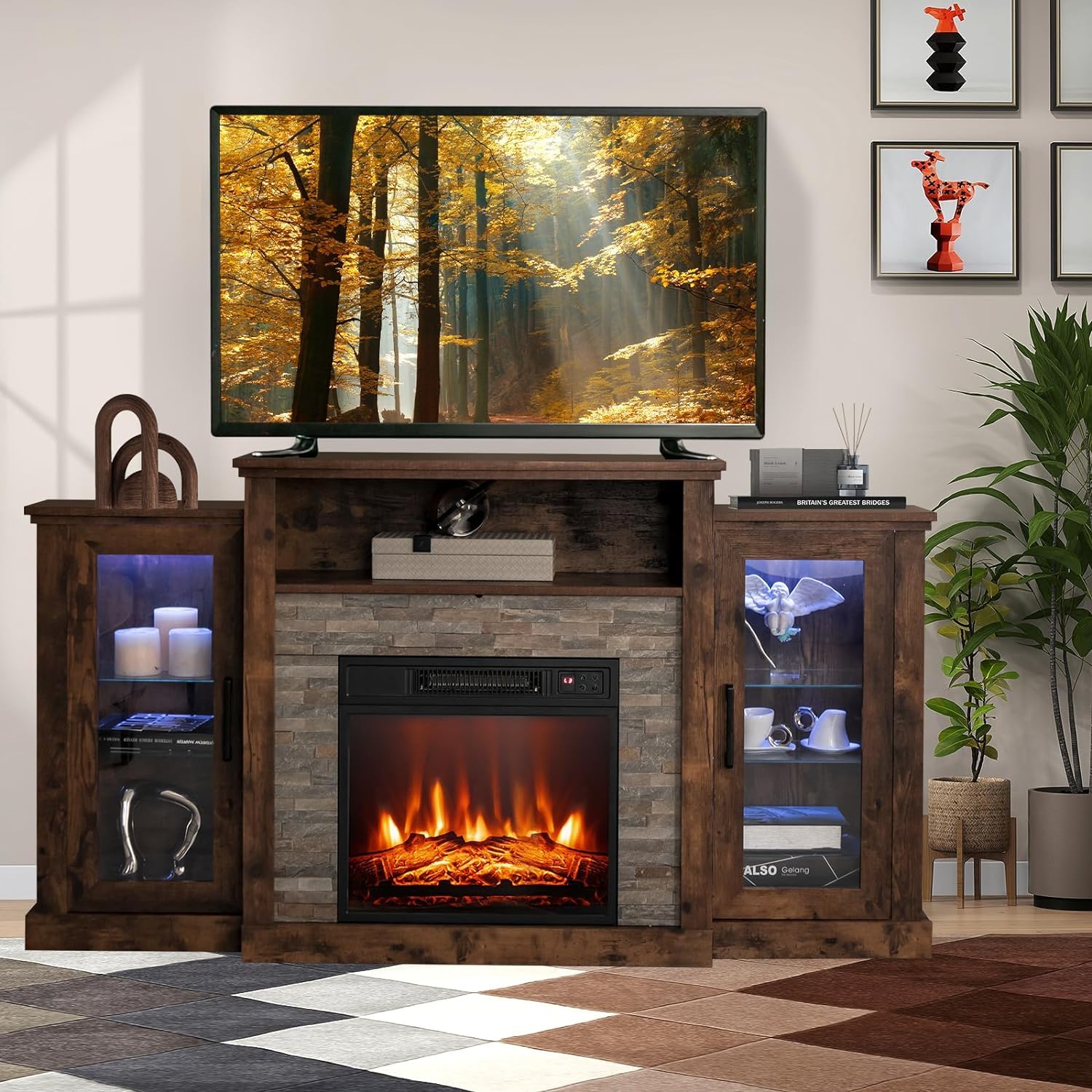 Byroce Electric Fireplace TV Stand for TVs Up to 65’’, TV Console with 16-Color LED Light, Adjustable Glass Shelves, 19’’ Fireplace Insert with Remote & APP Control, Entertainment Center (Brown)