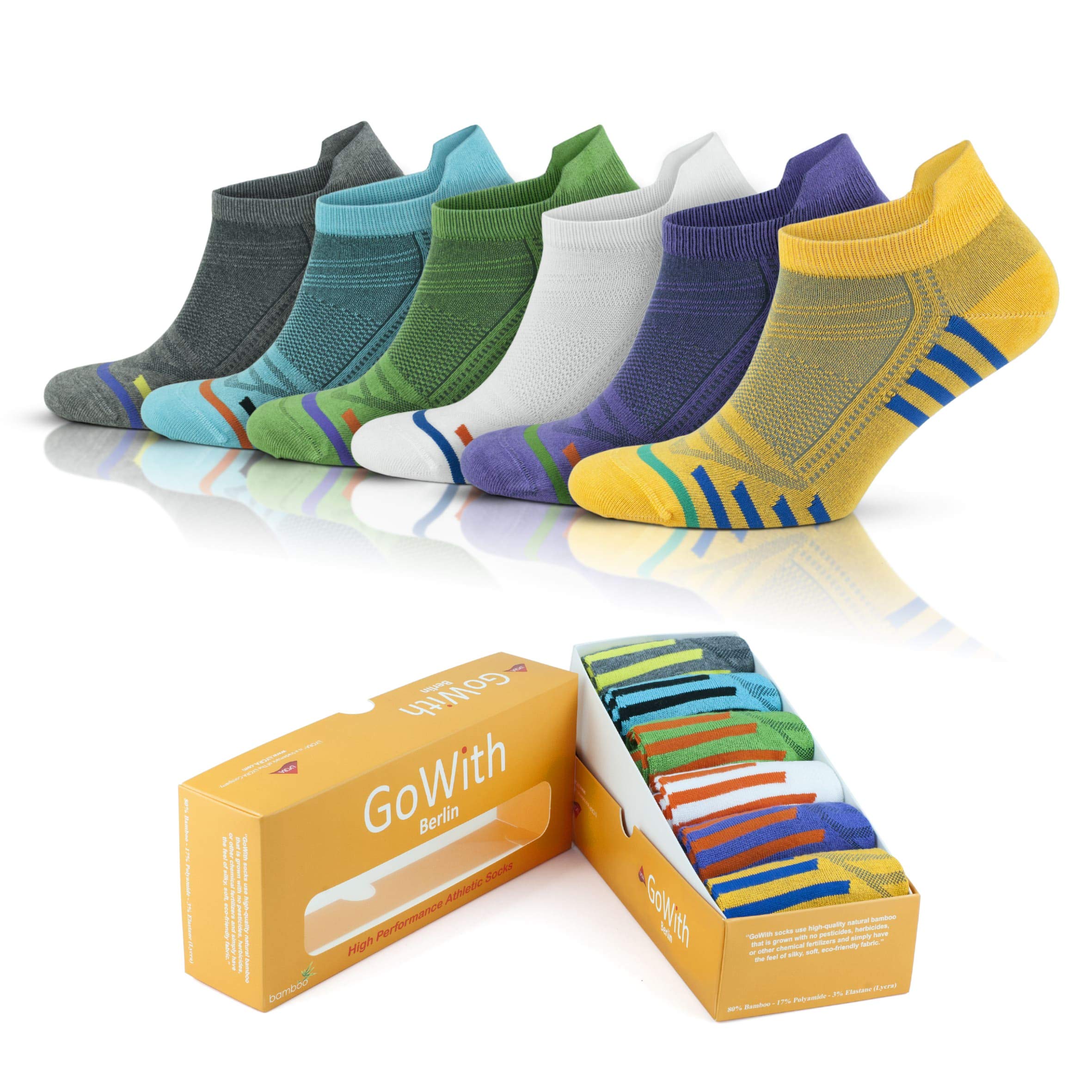 GoWithWomen's Bamboo Running Trainer Socks, 6 Pairs Box, Breathable Anti Blister Soft and Light Weight, Quick Dry, Ankle Sport Socks for Gym Cycling, Yellow, White, Grey, Blue UK Size 4-7