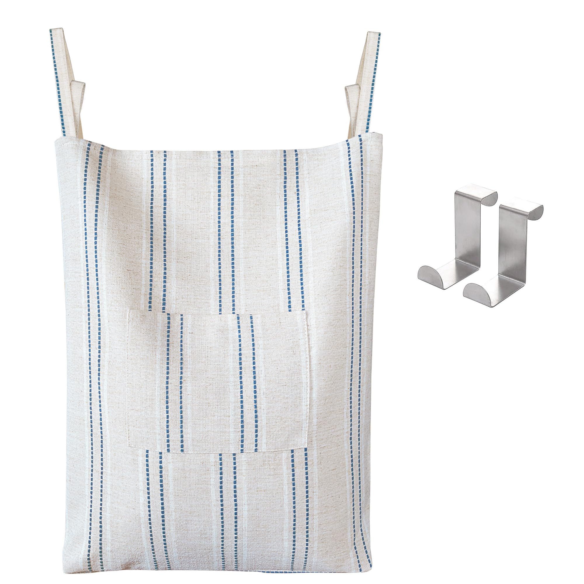 AELS Farmhouse Hanging Laundry Hamper with 2 Hooks, Boho Beige & Blue Stripes Linen Laundry Bag with Zipper & Wide Open Top, Over the Door Organizer for Dirty Clothes, Washable Space Saving Storage