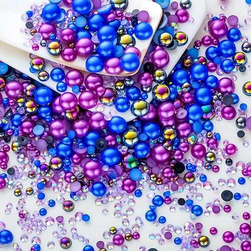 Miniatura 64 de 60g de perlas blancas de parte trasera plana con diamantes de imitación para manualidades, tamaño mixto de 3mm-10mm, color AB, redondas, mitad