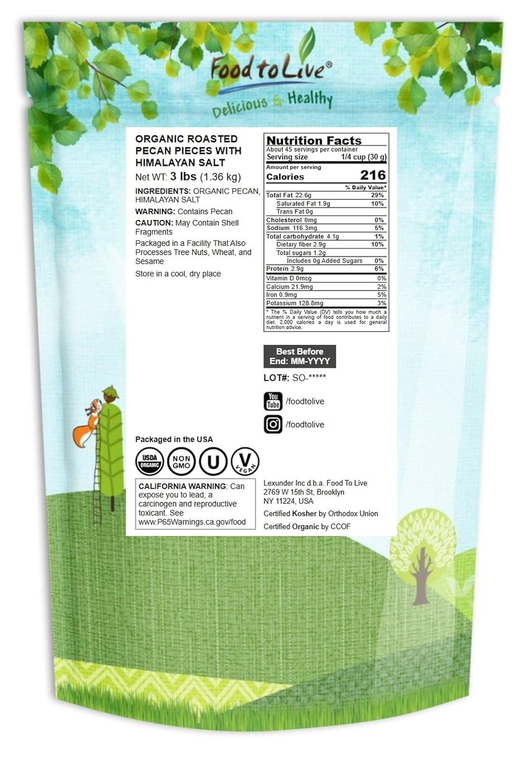 Food to Live Organic Dry Roasted Pecan Pieces with Himalayan Salt, 3 Pounds – Oven Toasted, No Oil Added, Lightly salted, Rich in Flavor and Crunch Nuts, Perfect for Cooking, Baking and Snacking, No-GMO, Vegan, Kosher, Bulk