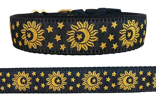 Crescent Moon in Sun Dog Collar (Made with shiny gold colored thread) (Fits medium to large size dog) (Large (14" - 22"), Black Buckle)