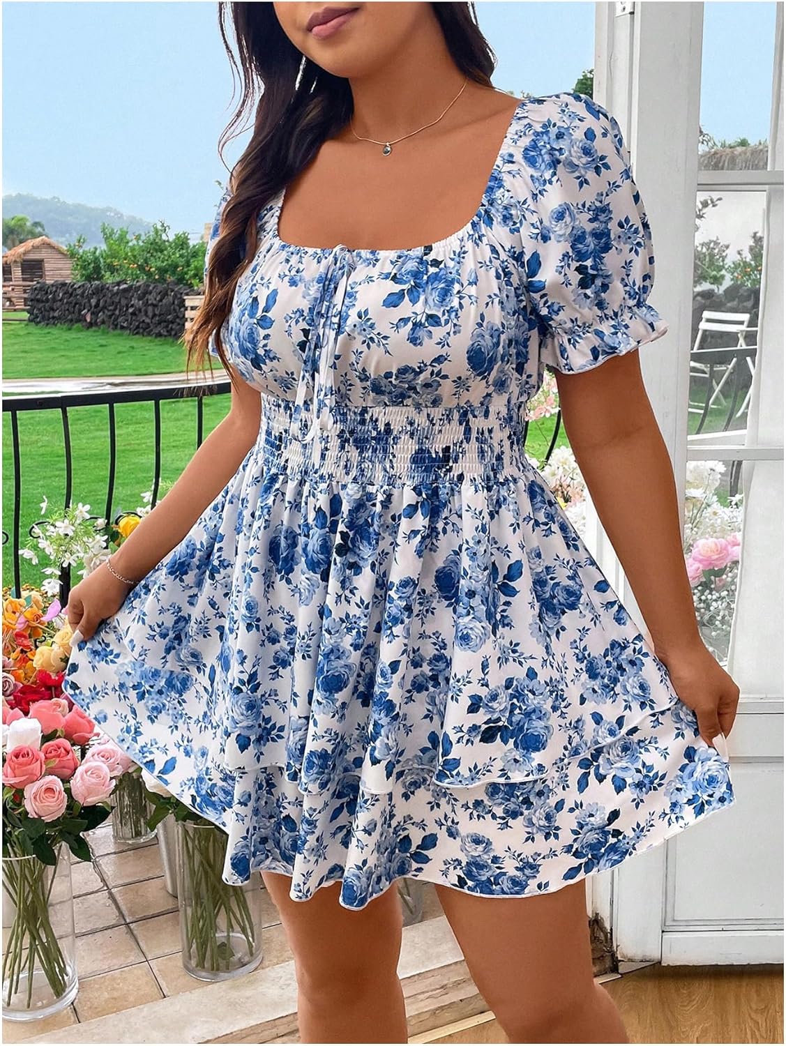 WDIRARA Women's Plus Size Floral Print Square Neck Puff Short Sleeve Dress Layered Ruffle Hem A Line Dresses - Image 6