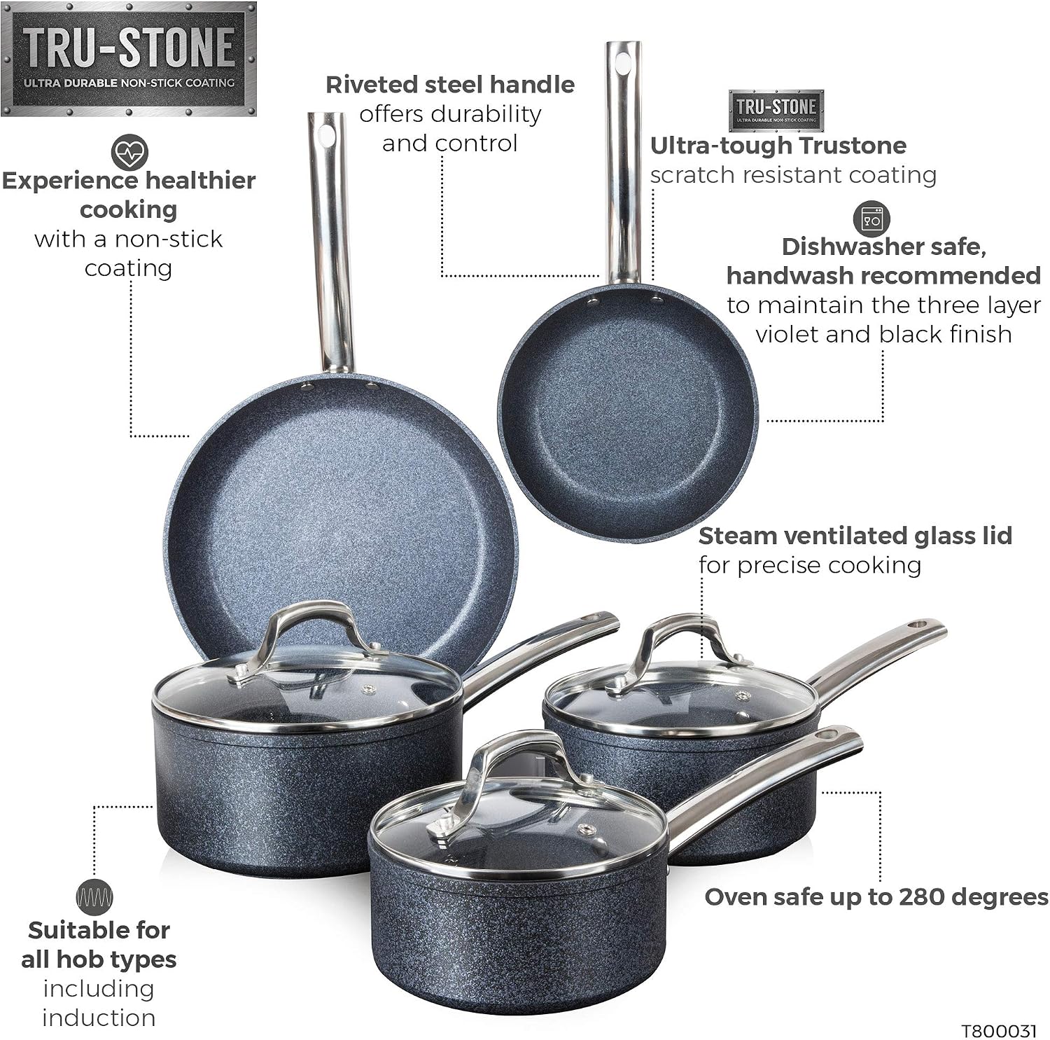 Tower Trustone Frying Pan and Saucepan Set, Easy Clean Non-Stick Inner Coating, Aluminium, Violet Black, 5 Pieces