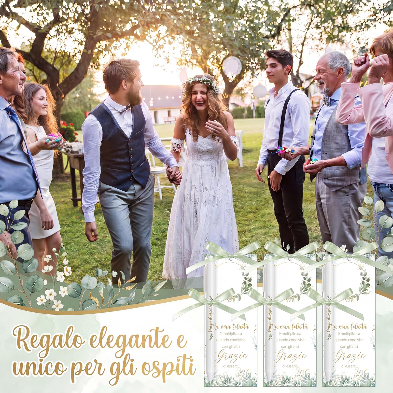 Nezyo 50 Pezzi Bomboniere Segnaposto con Penna e Nastro Segnaposto per Comunione Matrimonio Battesimo Cresima Compleanno Grazie Regalo per gli Ospiti Decoración da Tavola(Verde salvia)