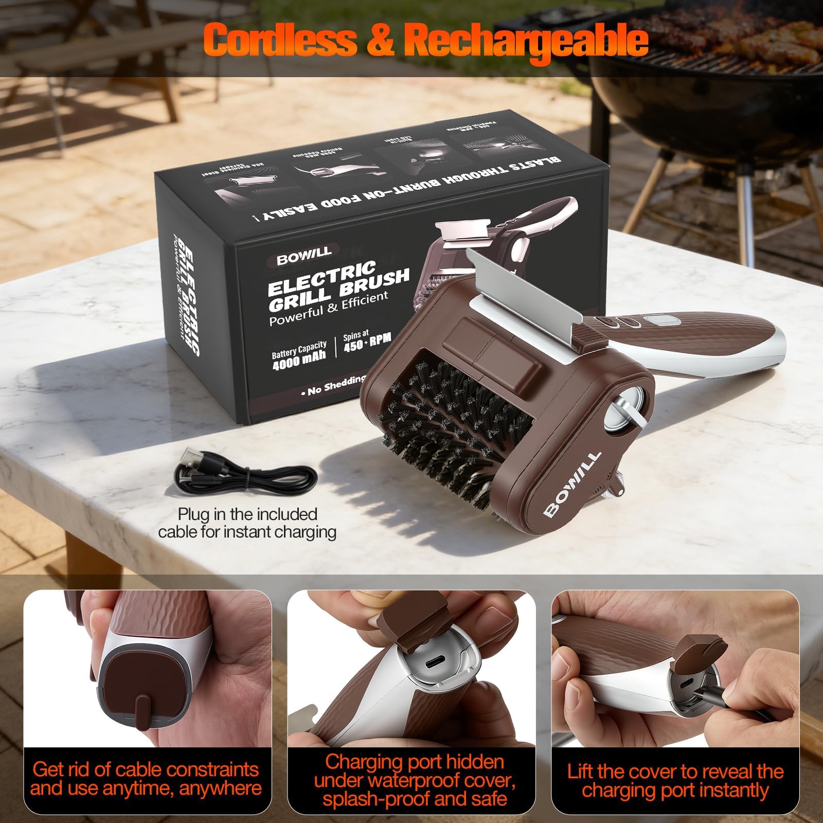 Brosse Électrique pour Barbecue sans Fil, 4000mAh, 450 TR/Min, Autonomie 3-4 Heures, Brosse Nettoyage Électrique, Brosse Barbecue en Acier Inoxydable, pour Grille Barbecue, Cast Iron, Plancha