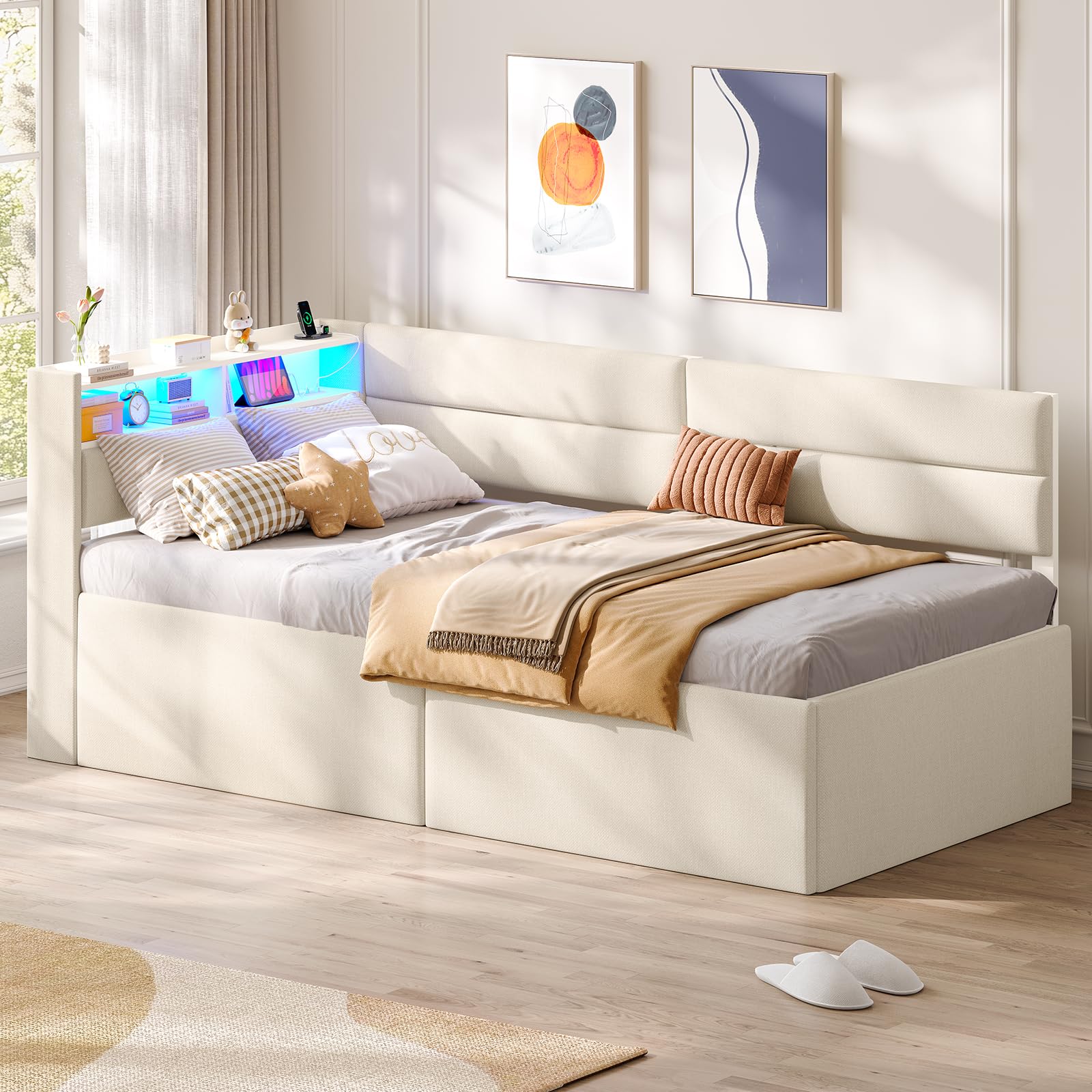 AOGLLATI Divano Letto 2 Posti 90/180x200 cm, Letto Estraibile con Illuminazione a LED Regolabile e Stazione di Ricarica, Divano Letto Matrimoniale con Tapizado Integral e Ripiani Aperti, Beige