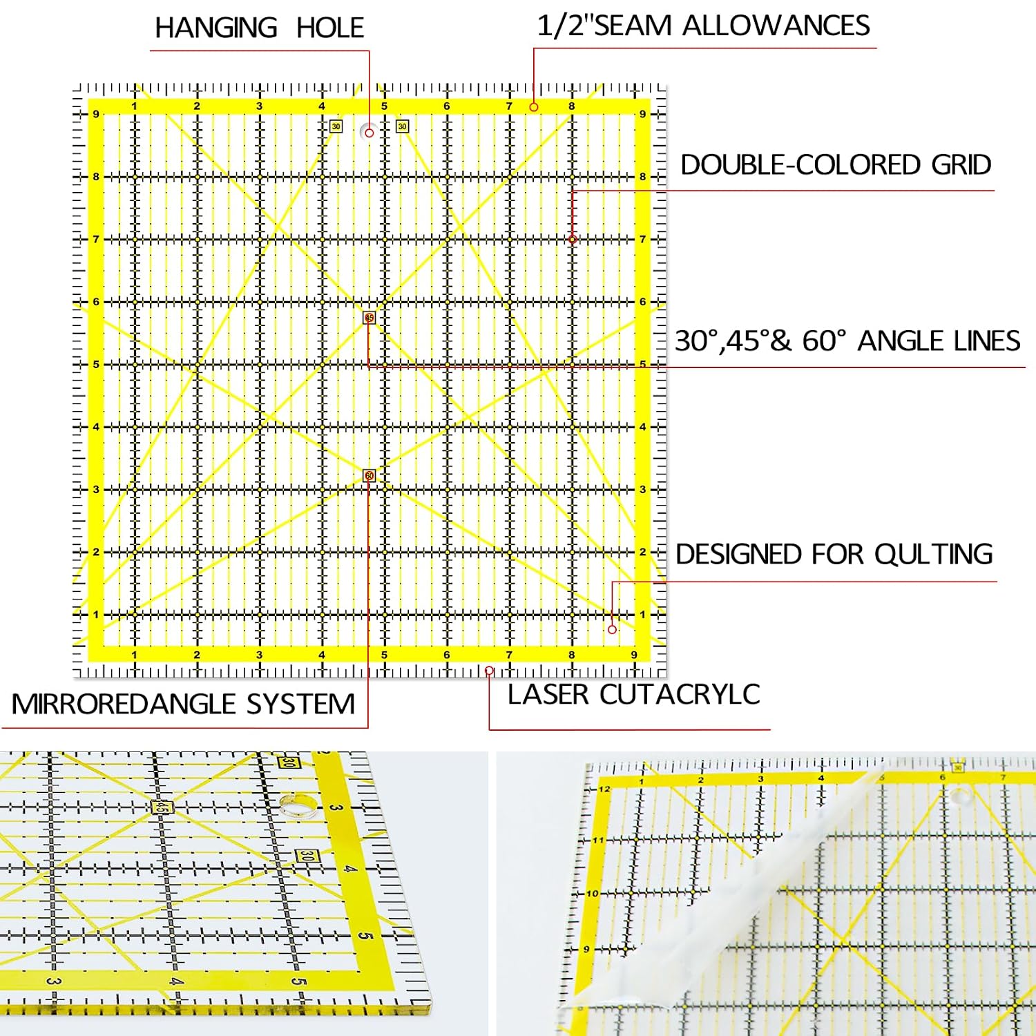 Quilting Rulers, Acrylic Quilt Ruler,4 Square Fabric Cutting Ruler (4.5"X4.5", 6"X6", 9.5"X9.5", 12.5"X12.5"), Quilting Templates with Non Slip Rings. (Yellow)