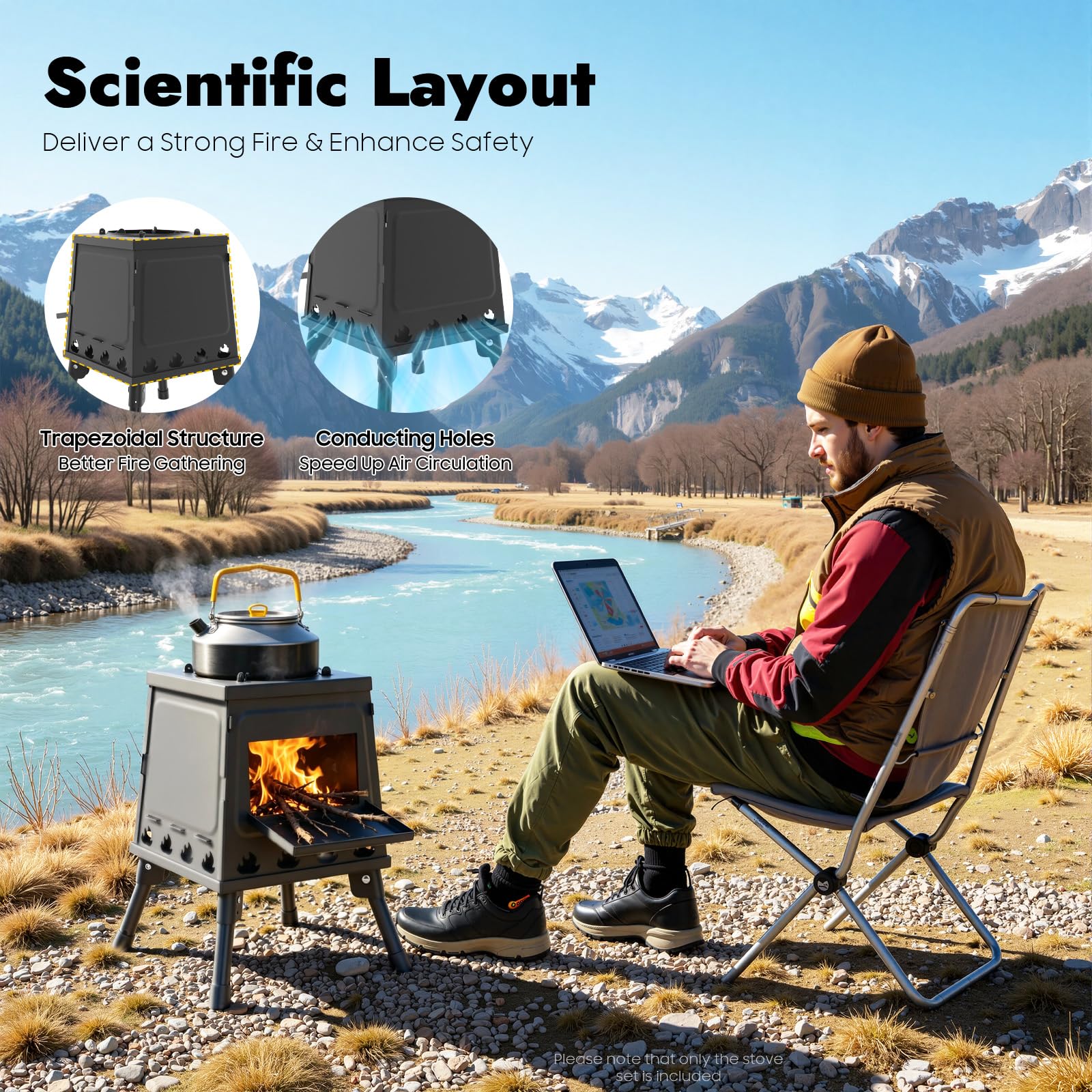 Estufa portátil de acero plegable para camping, estufa de leña multifuncional para exteriores, para 3-5 personas, color negro