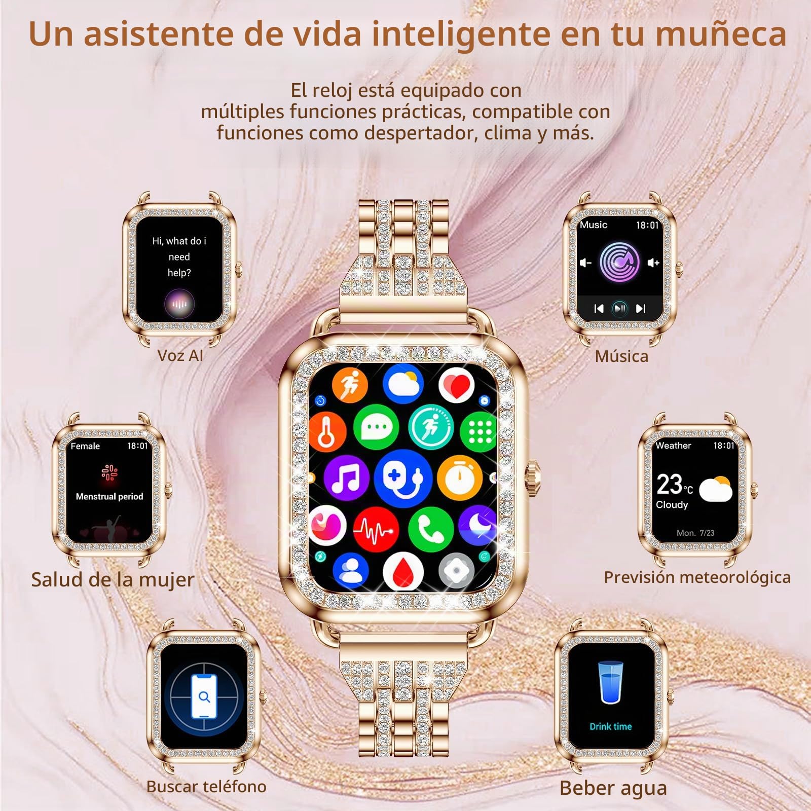 Smartwatch Mujer,Reciba y Conteste Llamadas vía Bluetooth, 1,29" Reloj Inteligente 120 Modos Deportivos,SpO2/Frecuencia Cardíaca/Sueño y Presión Arterial para Android/iOS,3 Correas